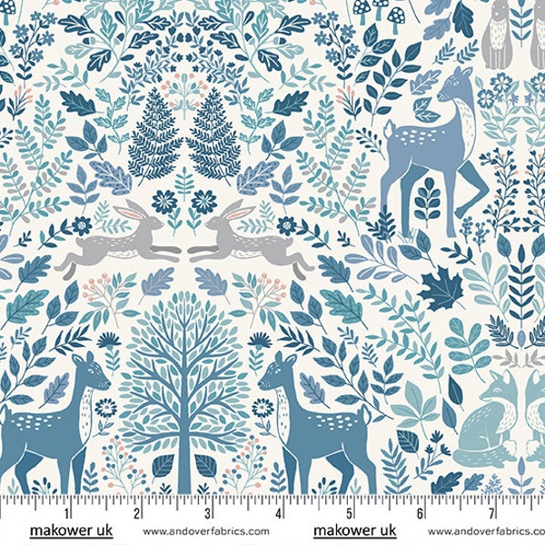 Fabric FOXWOOD *FOREST BLUE 015 B* by Makower U K - 100% Premium Cotton - New Gorgeous Collection - Always Continuous Cut!