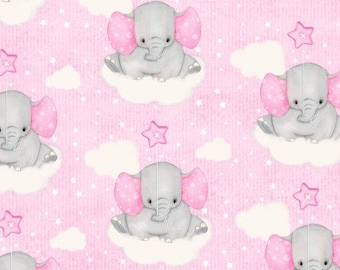 FLANNEL FABRIC!  Baby Pink Elephants on Clouds - REMNANT about Half Yard!