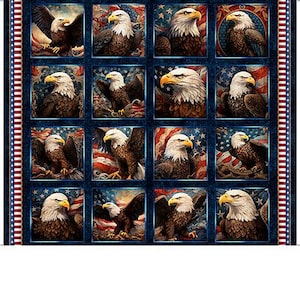 May include: A fabric panel with 12 square images of bald eagles. Each image is set against a backdrop of the American flag or a starry blue background. The panel has a red, white, and blue striped border. The eagles are in various poses.
