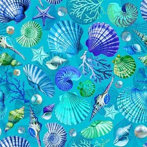Peut inclure: Un motif sans couture vibrant avec une variété de coquillages, d'étoiles de mer et de coraux dans des tons de bleu, vert et blanc sur un fond turquoise. Le design comprend des éléments réalistes et stylisés.