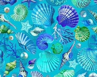 Fabric PEARLS and SEASHELLS on TURQUOISE - New!  Premium Quilting Cotton Always Continuous Cut