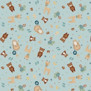 May include: A light blue patterned fabric featuring cartoon illustrations of teddy bears, giraffes, turtles, lions, and stars. The design includes baby footprints, crescent moons, and the text "Baby Boy" on a balloon.