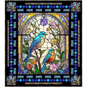 May include: A stained glass panel featuring two blue birds perched on branches with colorful flowers. The design is framed by a black border with blue diamond accents and small floral motifs in the corners, creating a decorative window display.