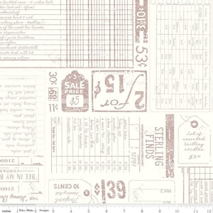May include: A white background with a pink and white vintage style print. The print features various text and numbers, including "Sterling Finds", "Sale Price $5", "10 Cents", and "$1.39".
