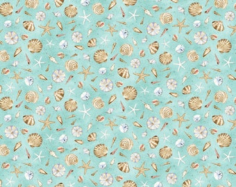 Fabric *BEACH BOUND* Beautiful SHELLS on Blue by Henry Glass & Co.  New Continuous Cut Always!!  **We Have The Bikes too!!!!