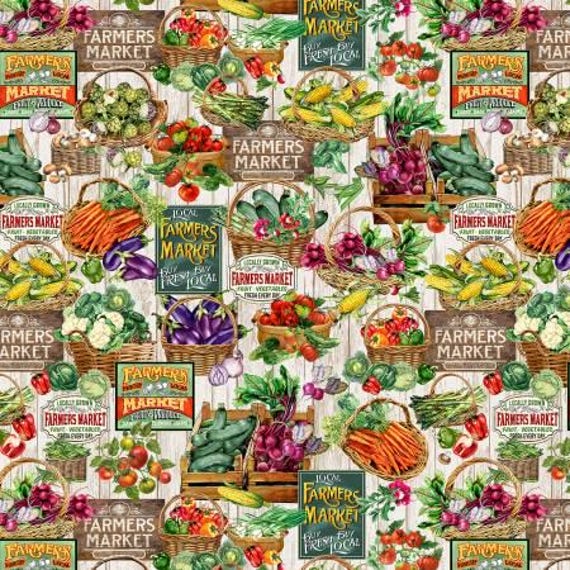 Tissu Coton Imprimé Tournesols Et Légumes - 1/2 Yard (18x43 Pouces) - Pour Sacs Marché, Quilting
