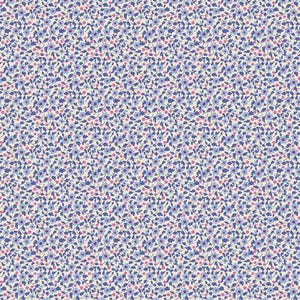 May include: A fabric pattern featuring a dense, repeating floral print on a cream background. The design consists of small, light blue five-petaled flowers with dark blue centers, interspersed with tiny pink dots and dark blue leafy stems.