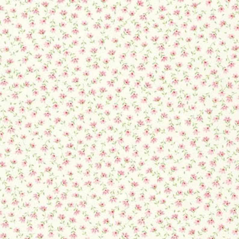 May include: A white background with a repeating pattern of small pink flowers and green stems.