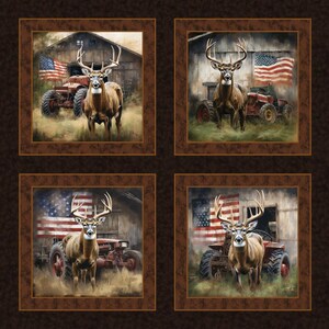Fabric Panels *HOMESTEAD BUCKS Pillow Panels #1207* New!! 100% Premium Cotton - Gorgeous Patriotic Land of the Brave - Farm & Country Prints
