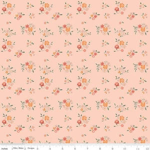 May include: A seamless fabric pattern featuring a repeating design of small pink and orange flowers with green leaves on a light pink background.