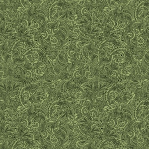May include: A seamless pattern featuring a detailed paisley design in shades of green. The intricate floral and teardrop motifs create a textured, all-over print, suitable for fabric or wallpaper.