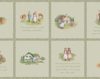 May include: A fabric panel featuring eight watercolor illustrations with a light green background and a floral border. The illustrations depict scenes with people, animals, and buildings, with quotes in cursive script. The overall theme is a pastoral, vintage aesthetic.
