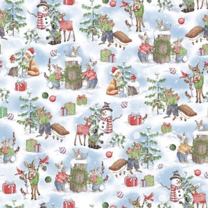 Fabric *FROST & FABLE* SNOWMAN  and Forest Animals All Over - New!! 100% Premium Cotton Quilting Holiday Fabric, Deer, Bunnies, Birds, Snow!