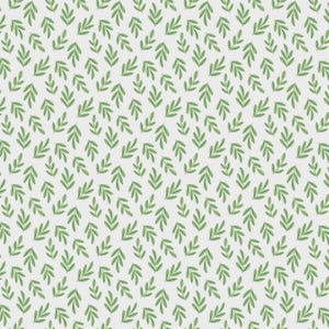 May include: A repeating pattern of green leaves on a pale grey backdrop. The leaves are depicted in a simple, organic style, creating a fresh, natural look. This design is suitable for various uses, such as fabric or wallpaper, and adds a touch of nature.