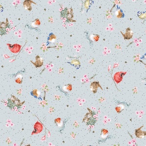May include: A seamless pattern featuring a variety of birds, including robins, cardinals, bluebirds, and sparrows, perched on branches and in nests. The background is a light blue with a subtle speckled texture. Pink flowers and green leaves add a touch of spring to the design.