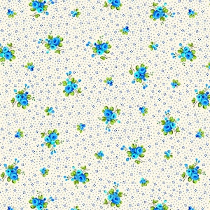 May include: A seamless pattern featuring small blue flowers with green leaves on a white background with tiny blue dots.