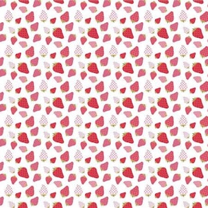 May include: A seamless pattern featuring pink and red strawberries on a white background. The strawberries are arranged in a repeating pattern, with some strawberries facing up and others facing down.