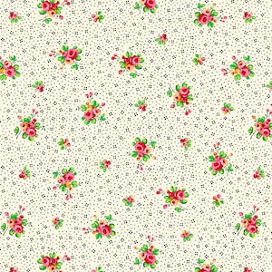 May include: A seamless pattern featuring small pink and yellow flowers with green leaves on a white background with black polka dots.