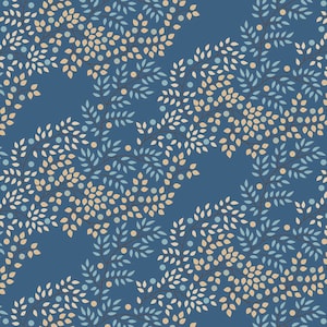 May include: A seamless pattern featuring a repeating design of stylized branches with small leaves and dots in shades of blue and beige on a dark blue background.