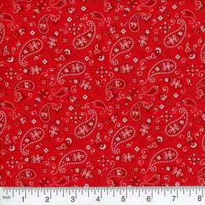 May include: Red fabric with a white paisley pattern. The fabric features a repeating design of teardrop-shaped paisley motifs, along with smaller floral and geometric elements. The pattern is set against a solid red background.