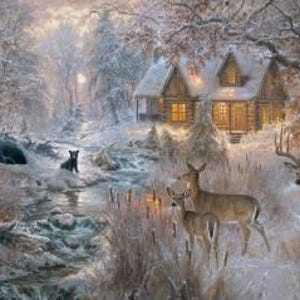 May include: A winter landscape painting depicting a snow-covered scene with a cabin and deer. A small dog sits near a stream. The cabin has lit windows, and the scene is illuminated by soft, warm light, creating a peaceful atmosphere.