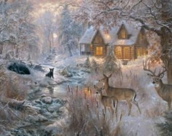 Fabric Panel *UNDER the MOONLIGHT* WINTER Glow #23769 Panel 24" x 43" 100% Premium Cotton by 3 Wishes Fabrics  (We have deer ao to match)
