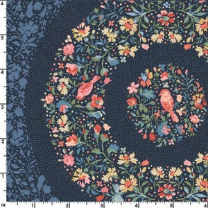 May include: A navy blue fabric with a repeating pattern of pink and yellow flowers, green leaves, and red birds. The pattern is arranged in a circular design.
