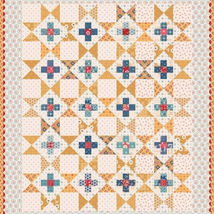 May include: A quilt with a patchwork design featuring a repeating pattern of blue and red crosses on a yellow background. The quilt is surrounded by a border of white and red flowers.