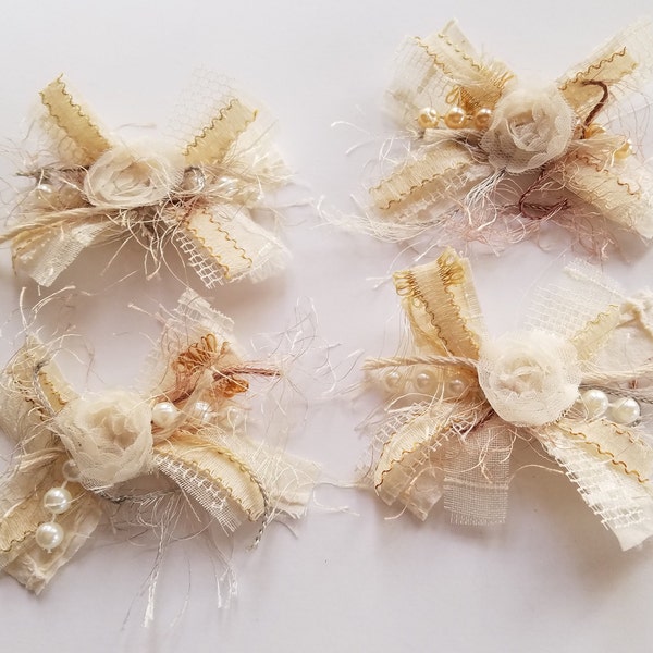 Shabby Farmhouse Chic Messy Bow, Cream Lace Rag Bow, Small Vintage Cottage Lace Bow, Boho Lace Bow, Wedding Decor, Bows for Craft Projects