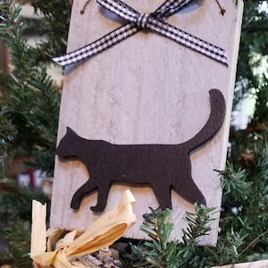 Black Cat or Dog Silhouette Christmas Tree Ornament (1) with Black Gingham Ribbon Bow