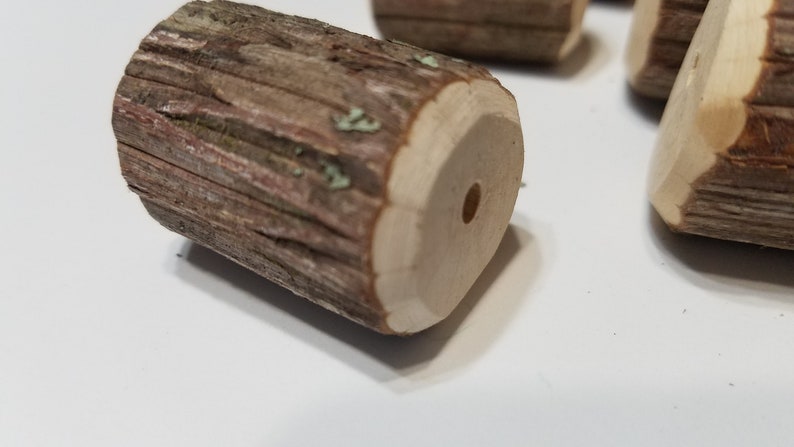 May include: A close-up of a small, wooden log with a hole drilled through the center. The log is brown and has a rough, natural texture.