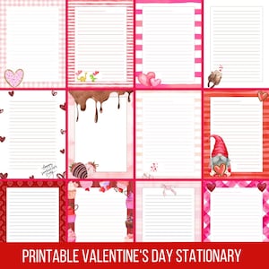 May include: Printable Valentine's Day stationery featuring a variety of designs, including hearts, gnomes, cupcakes, and chocolate. The stationery is perfect for writing letters, notes, or cards.