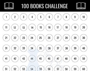 Könnte beinhalten: Eine schwarz-weiße Grafik eines offenen Buches mit dem Text "100 BOOKS CHALLENGE" über einem Raster aus 100 nummerierten Kreisen.