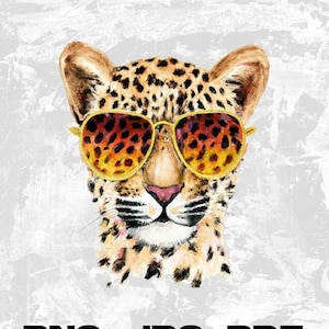 May include: A watercolor illustration of a leopard wearing yellow sunglasses. The leopard has a spotted coat and a light gray background.