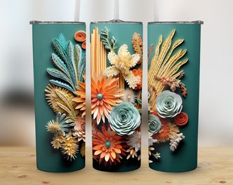 3D Cactus Flowers 20 oz Skinny Tumbler, Sublimation Design, Straight and Tapered Tumbler Wrap, Digital Download png, Graphic