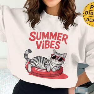 Summer Vibes Cat Sweatshirt, Cute Cat in Sunglasses, Trendy Graphic Pullover, Casual Fashion Top