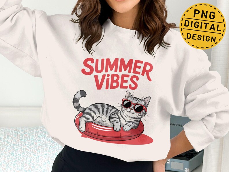 Summer Vibes Cat Sweatshirt, Cute Cat in Sunglasses, Trendy Graphic Pullover, Casual Fashion Top