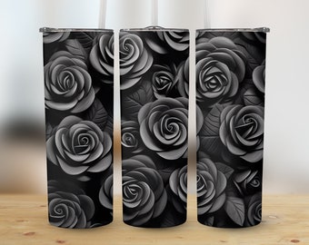 3D Black Roses 20 oz Skinny Tumbler, Sublimation Design, Straight and Tapered Tumbler Wrap, Digital Download png, Graphic