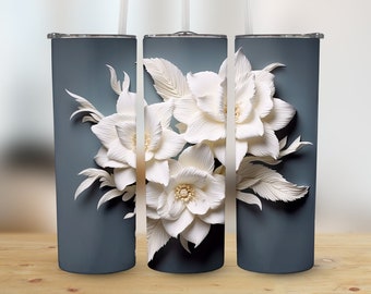3D witte lelies bloemen 20 oz skinny tuimelaar, sublimatie ontwerp, rechte en taps toelopende tuimelaar wrap, digitale download png, grafisch