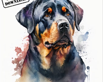 以下が含まれることがあります： 黒と茶色の毛並みのロットワイラーの犬の水彩画。犬は画像の右側を見ている。背景は白い水彩の洗い流しで、色が飛び散っている。
