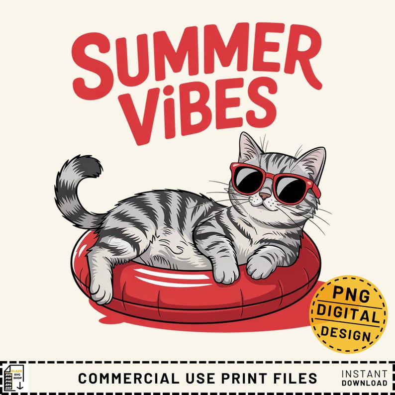 Summer Vibes Cat in Sunglasses Digital Download, Commercial Use, PNG Files, Graphic Design