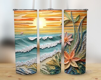 3D Sunrise Beach Landscape 20 oz Skinny Tumbler, Sublimation Design, Straight and Tapered Tumbler Wrap, Digital Download png, Graphic
