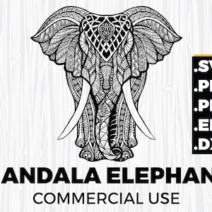 May include: Black and white line art illustration of an elephant's head with intricate mandala patterns. The elephant's head is facing forward with its trunk curled up. The image includes the text "MANDALA ELEPHANT COMMERCIAL USE".