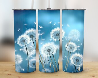 Flores de diente de león 3D Vaso flaco de 20 oz, diseño de sublimación, envoltura de vaso recto y cónico, descarga digital png, gráfico