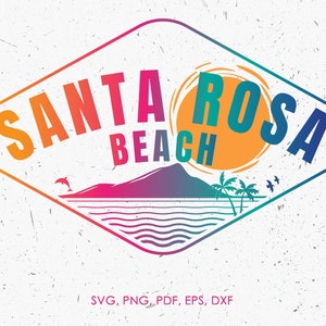 May include: A colorful diamond-shaped logo with the text "SANTA ROSA BEACH" in a gradient of orange, red, pink, and blue. The logo features a stylized sunset, palm trees, and a dolphin jumping out of the water.