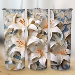 3D White Lilies Flowers 20 oz Skinny Tumbler, Sublimation Design, Straight and Tapered Tumbler Wrap, Digital Download png, Graphic