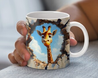 May include: White ceramic mug with a cartoon giraffe peeking out of a cracked wall design. The giraffe has a brown and yellow spotted pattern and is looking directly at the viewer.