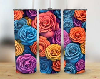 Flores de rosas 3D Diseño de sublimación de vaso flaco de 20 oz, envoltura recta y cónica, envoltura de vaso 3D, vaso de rosas png, descarga instantánea
