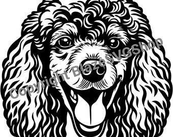 Könnte beinhalten: Schwarzweiß-Illustration eines Pudels mit lockigem Fell. Der Hund lächelt mit herausgestreckter Zunge.