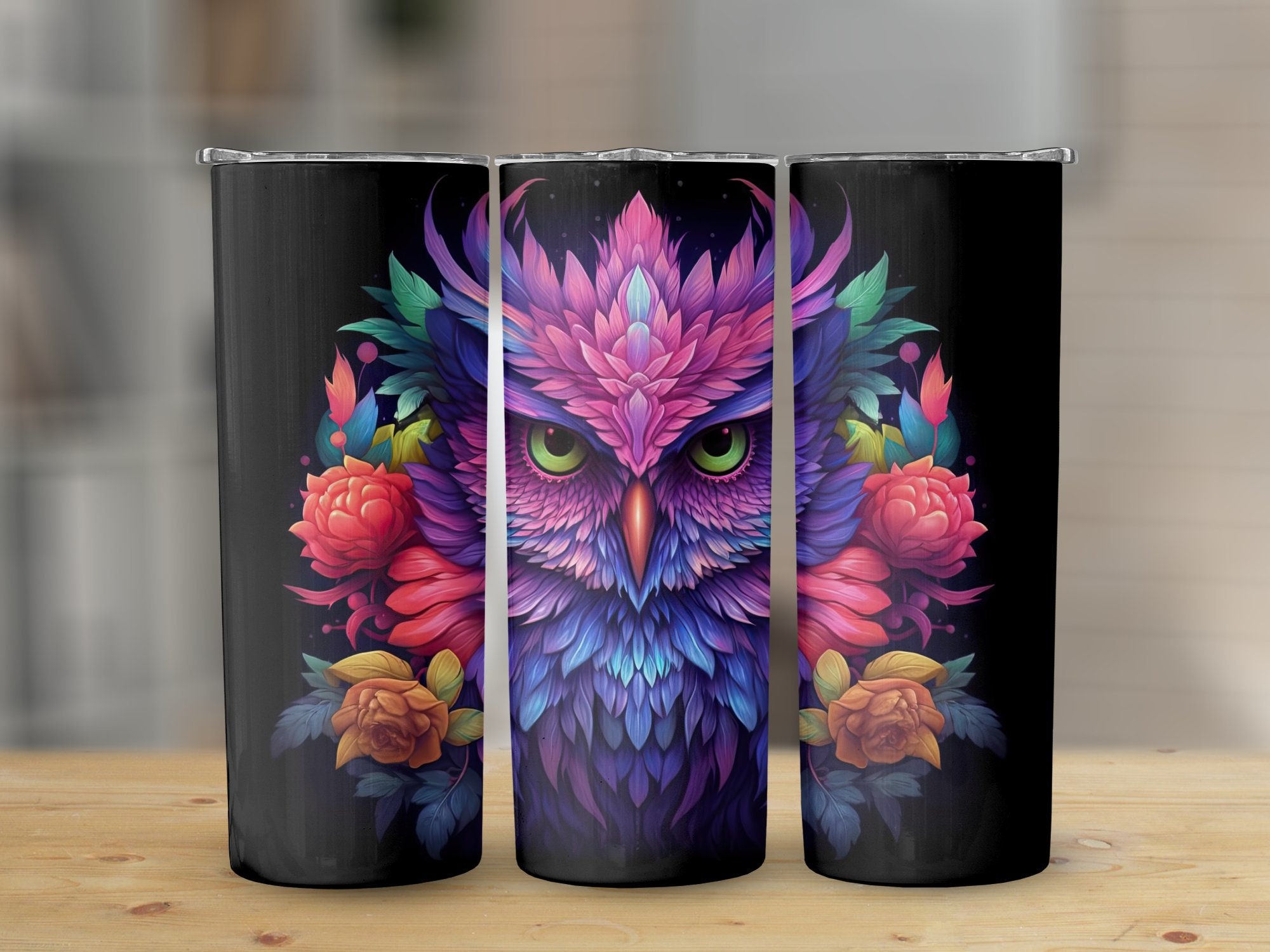 Neon Owl 3D Portrait 20 oz Skinny Tumbler, Sublimation Design, Straight and Tapered Tumbler Wrap, Di